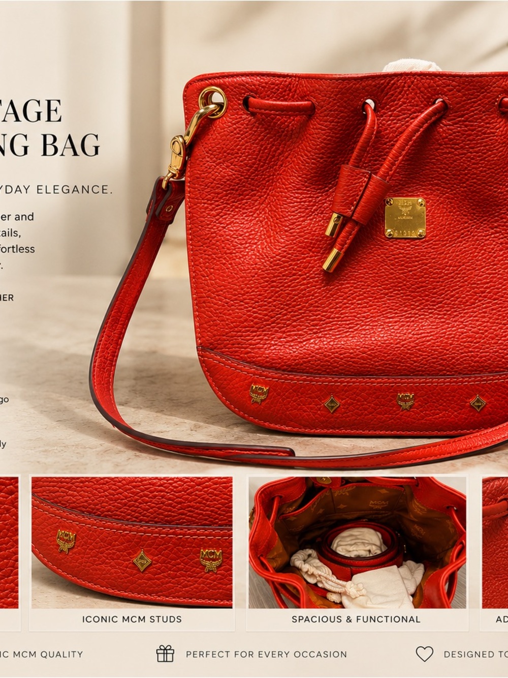 MCM Red Pebbled Leather Drawstring Crossbody with Gold Hardware